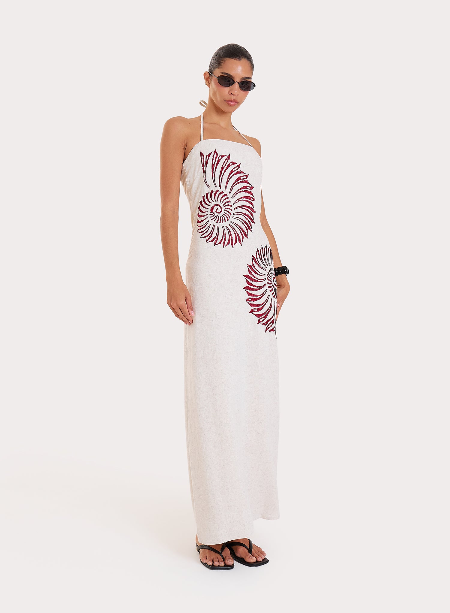 Cream Linen Blend Embroidered Shell Halterneck Maxi Dress